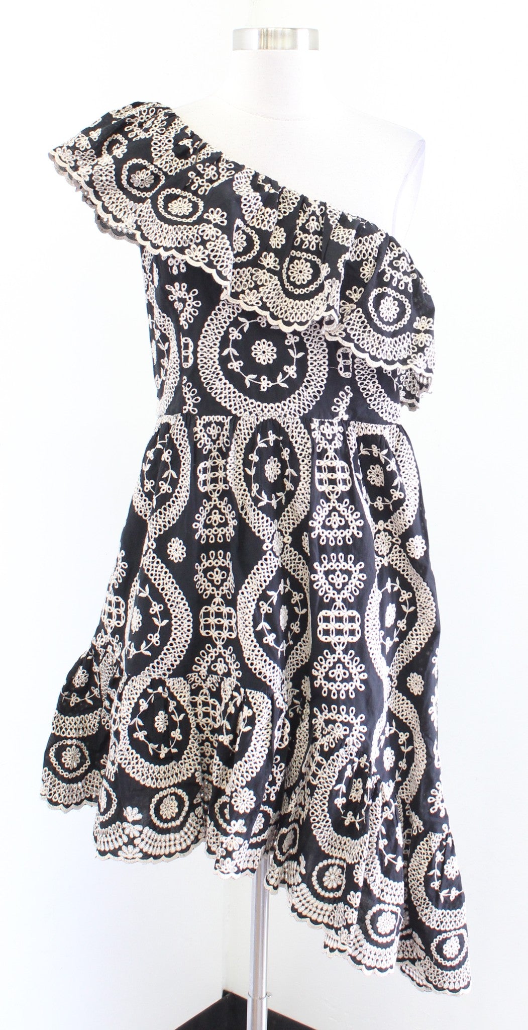 Love Shack Fancy Pamela Embroidered Asymmetrical Hem One Shoulder Dress Ruffle L