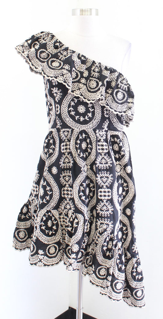 Love Shack Fancy Pamela Embroidered Asymmetrical Hem One Shoulder Dress Ruffle L