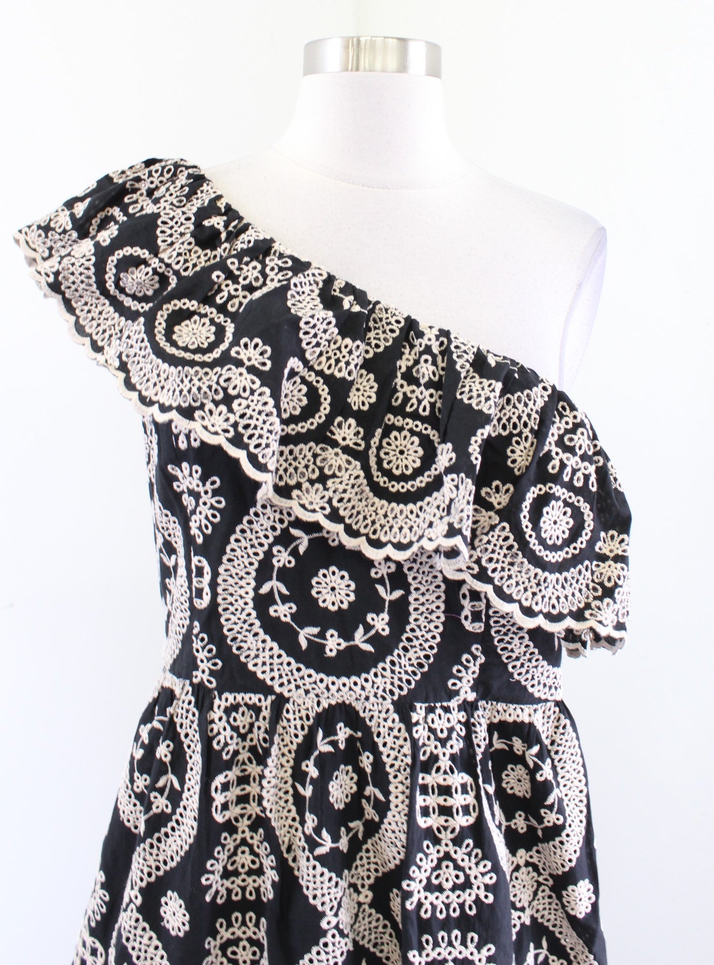 Love Shack Fancy Pamela Embroidered Asymmetrical Hem One Shoulder Dress Ruffle L