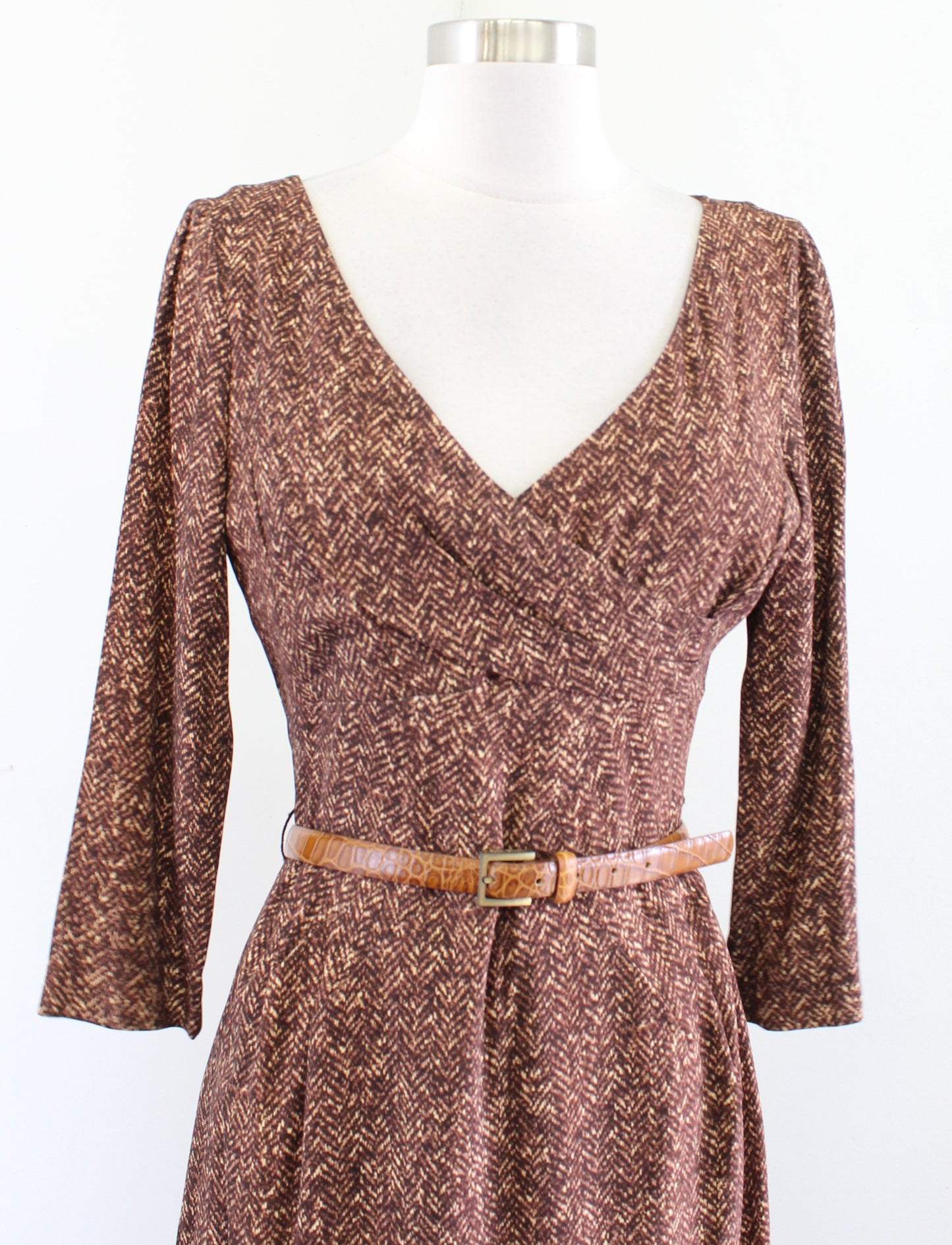 Michael Kors Collection Italy Brown Herringbone Belted Sheath Dress Sz 8 V Neck