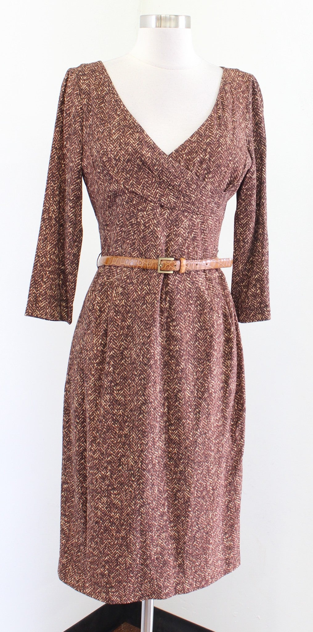 Michael Kors Collection Italy Brown Herringbone Belted Sheath Dress Sz 8 V Neck