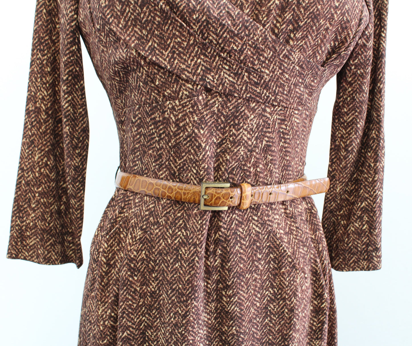 Michael Kors Collection Italy Brown Herringbone Belted Sheath Dress Sz 8 V Neck