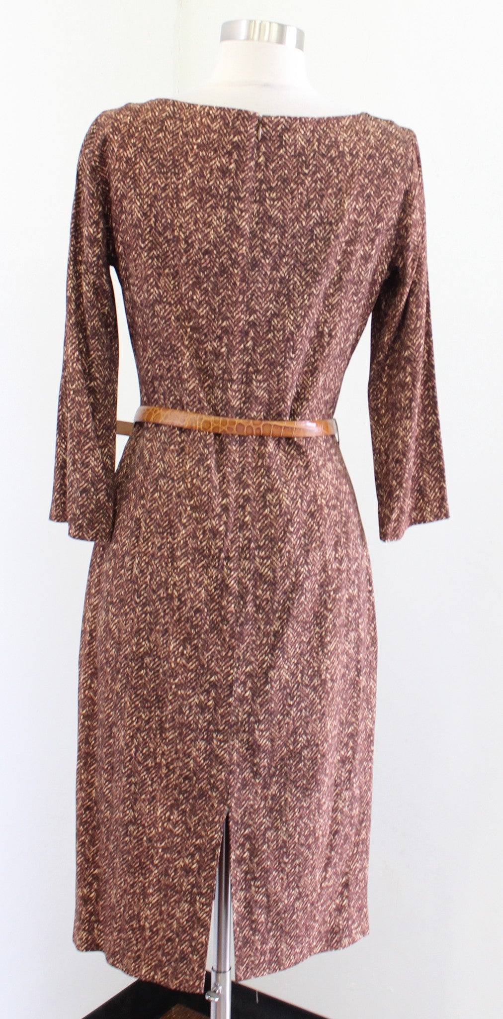 Michael Kors Collection Italy Brown Herringbone Belted Sheath Dress Sz 8 V Neck