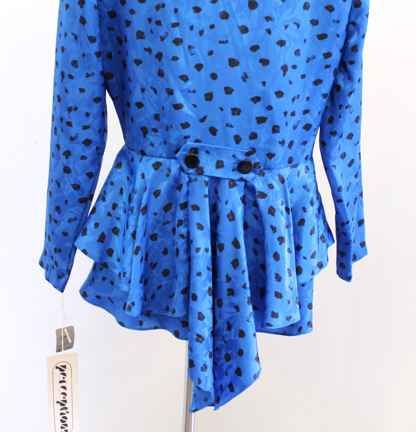 NWT Vtg Deadstock Blue Floral Asymmetrical Hem Peplum Top Blouse Sz 13 14 Retro