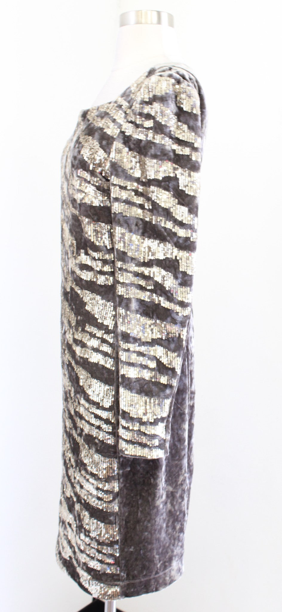 Boston Proper Pewter Gray Gold Sequin Zebra Style Striped Square Neck Dress Sz 8