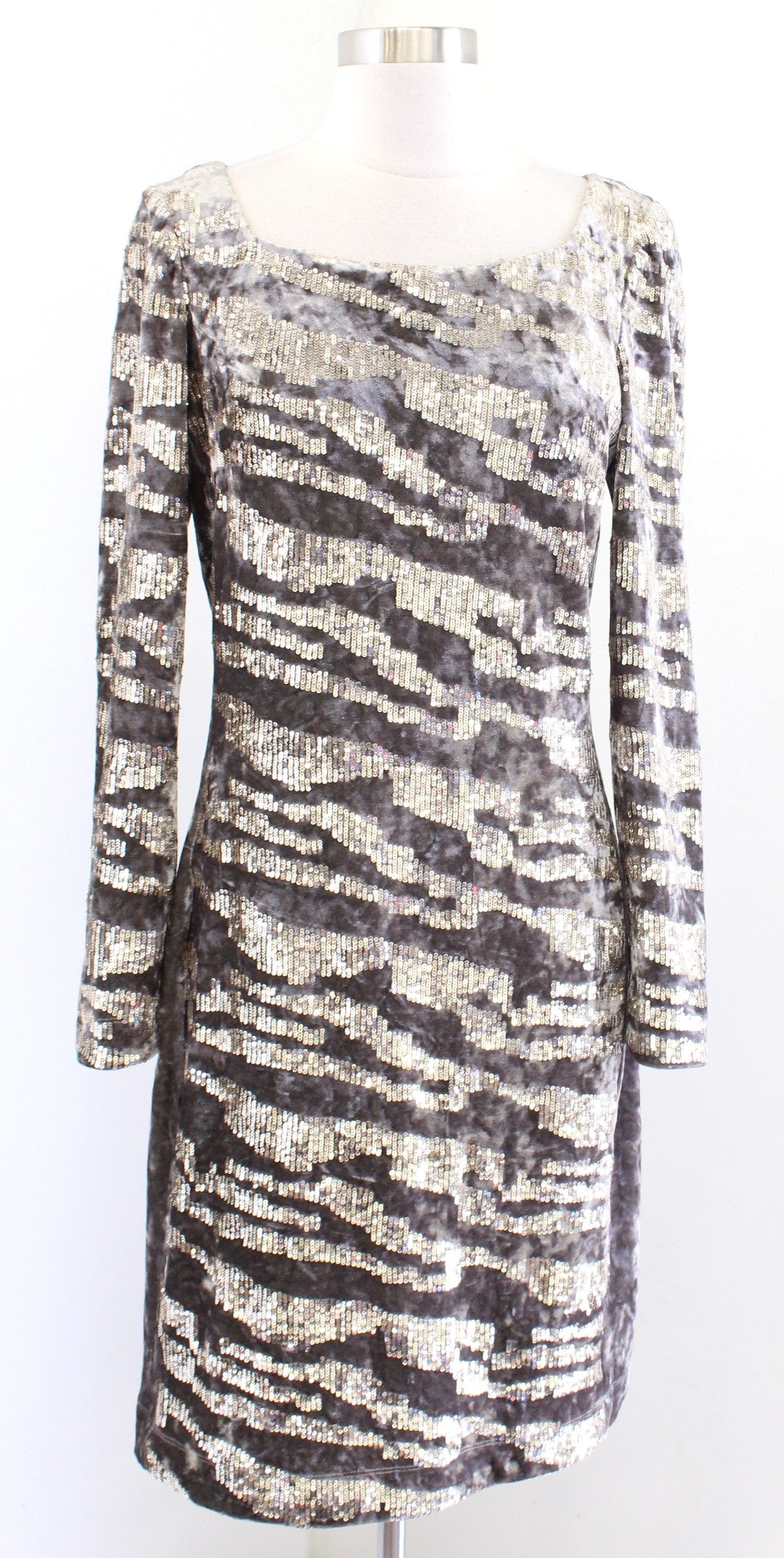 Boston Proper Pewter Gray Gold Sequin Zebra Style Striped Square Neck Dress Sz 8
