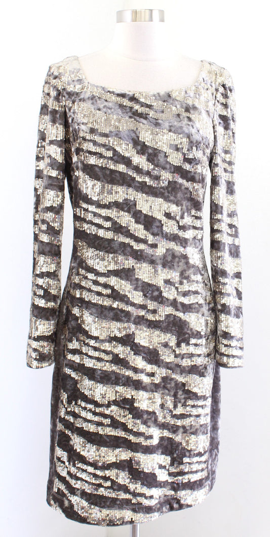 Boston Proper Pewter Gray Gold Sequin Zebra Style Striped Square Neck Dress Sz 8