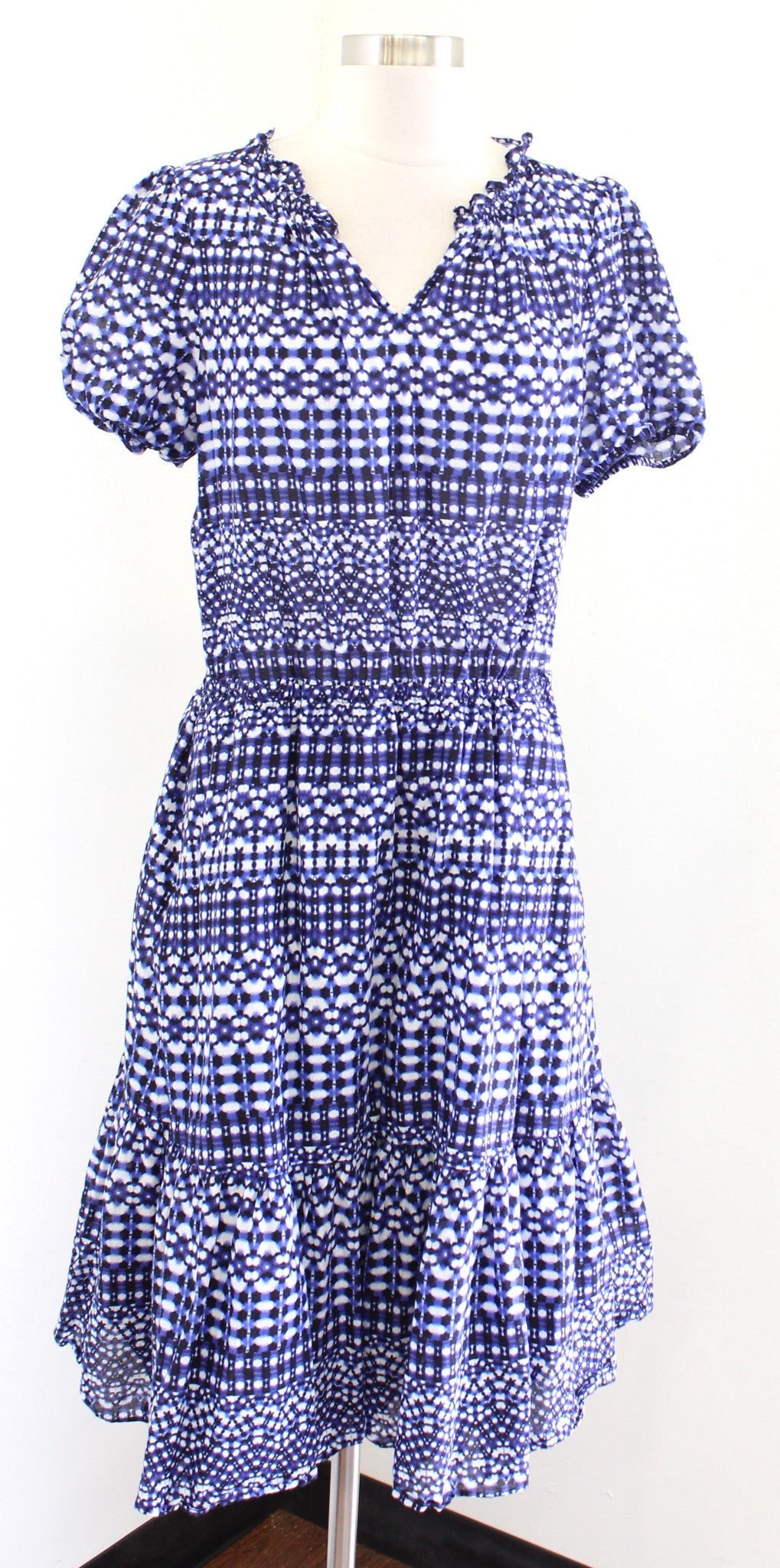 Talbots Blue White Shibori Geo Print Fit and Flare Tiered Dress Size L Casual