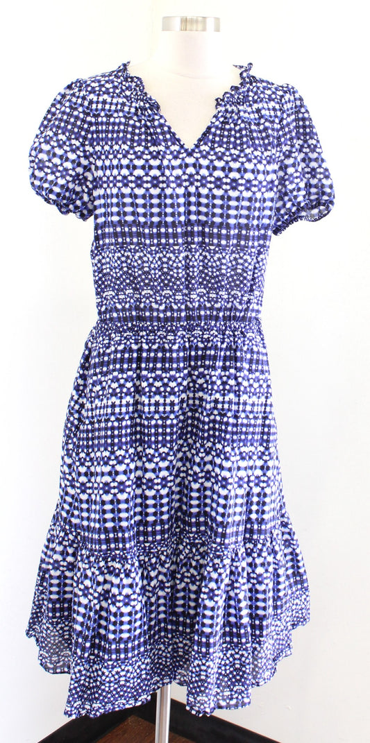 Talbots Blue White Shibori Geo Print Fit and Flare Tiered Dress Size L Casual