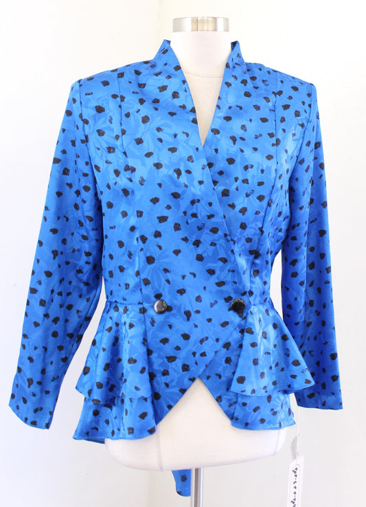 NWT Vtg Deadstock Blue Floral Asymmetrical Hem Peplum Top Blouse Sz 13 14 Retro