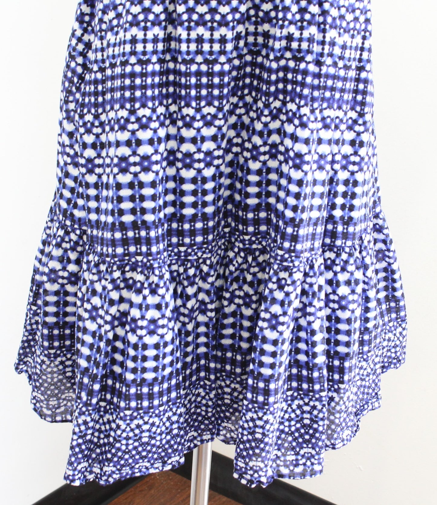 Talbots Blue White Shibori Geo Print Fit and Flare Tiered Dress Size L Casual