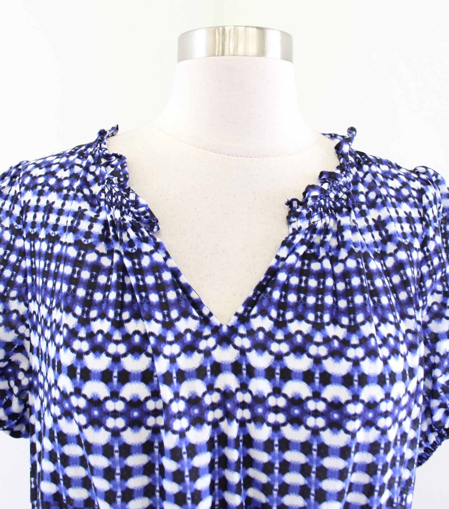 Talbots Blue White Shibori Geo Print Fit and Flare Tiered Dress Size L Casual