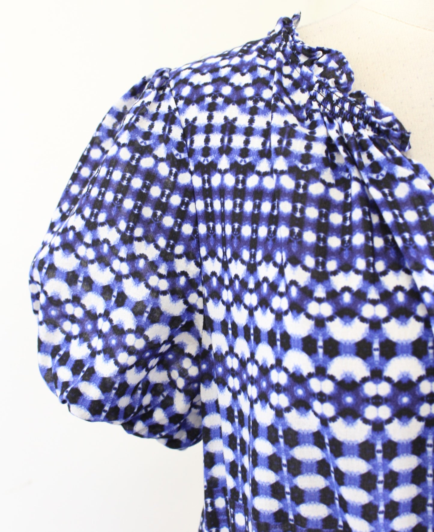 Talbots Blue White Shibori Geo Print Fit and Flare Tiered Dress Size L Casual