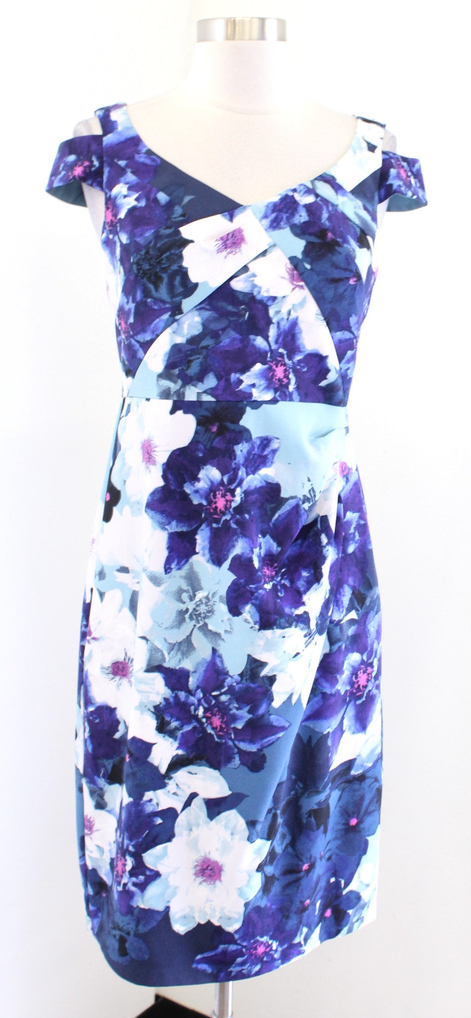 Adrianna Papell Blue Floral Print Cutout Cold Shoulder Sheath Dress 4 Cocktail