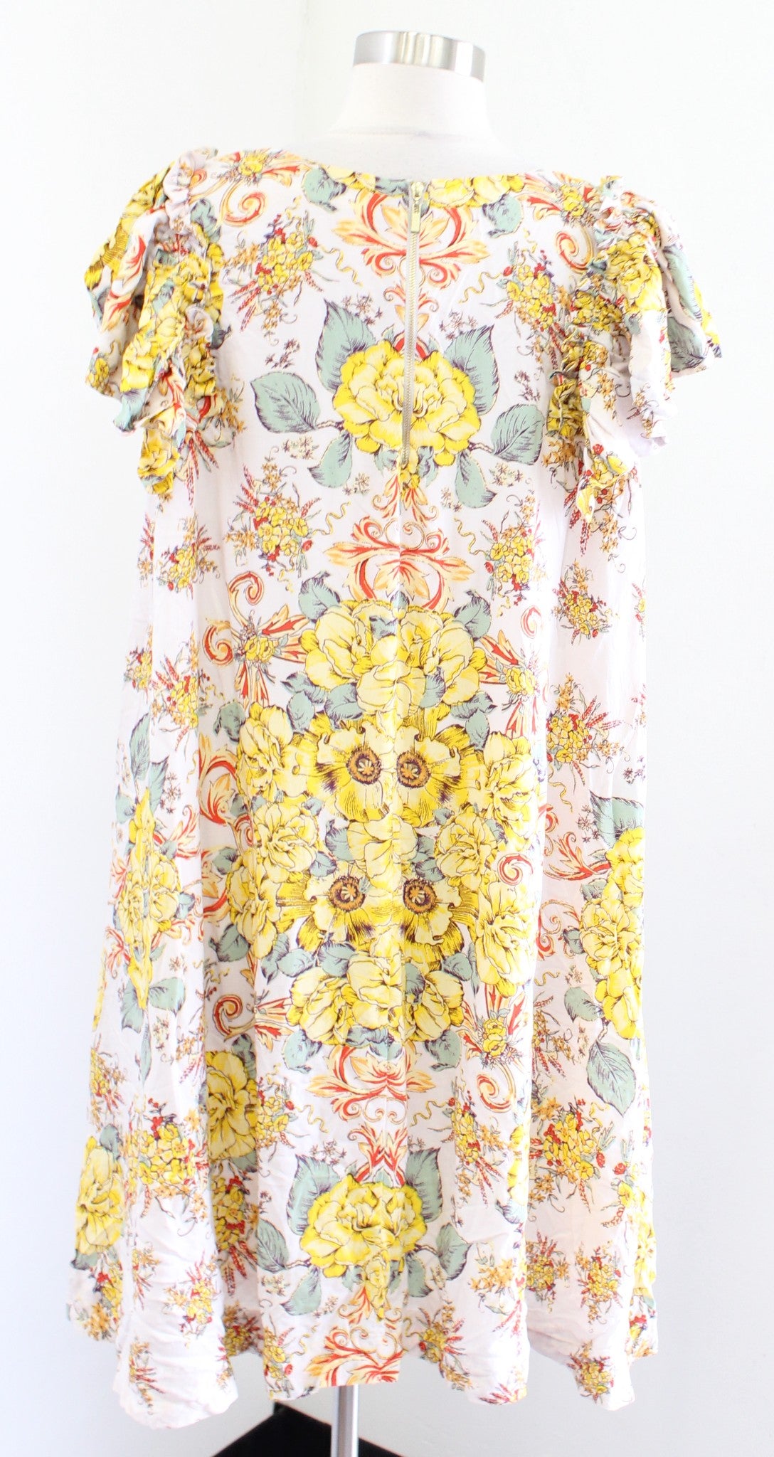 Free People Yara Ruffle Sleeve Floral Shift Dress Size L Tea Combo Yellow Mini