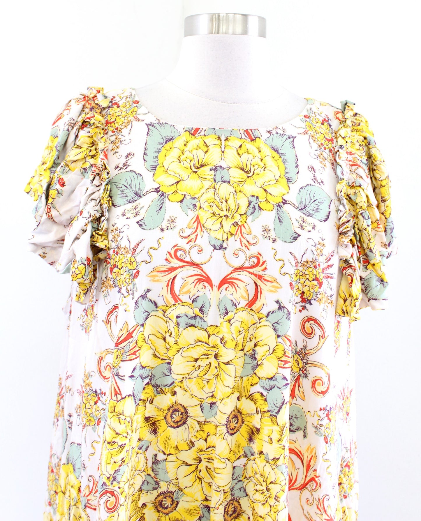Free People Yara Ruffle Sleeve Floral Shift Dress Size L Tea Combo Yellow Mini