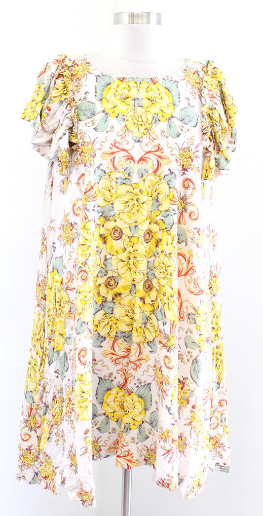 Free People Yara Ruffle Sleeve Floral Shift Dress Size L Tea Combo Yellow Mini