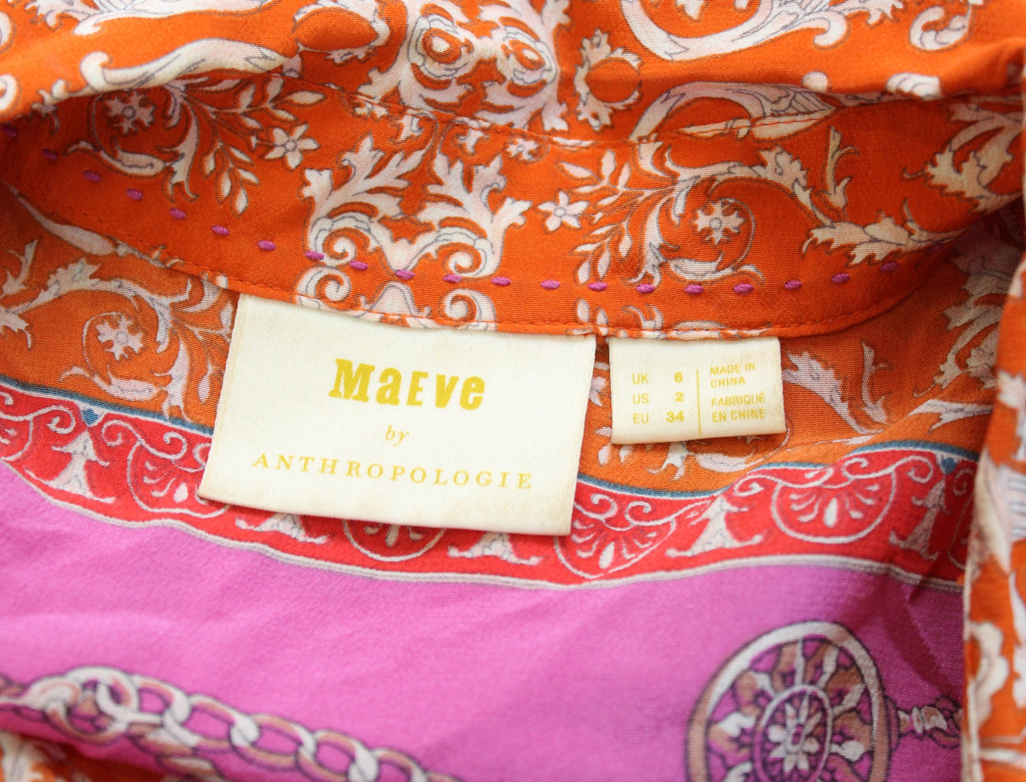 Maeve Anthropologie Potala Silk Scarf Print Button Front Shirt Blouse Sz 2 Pink