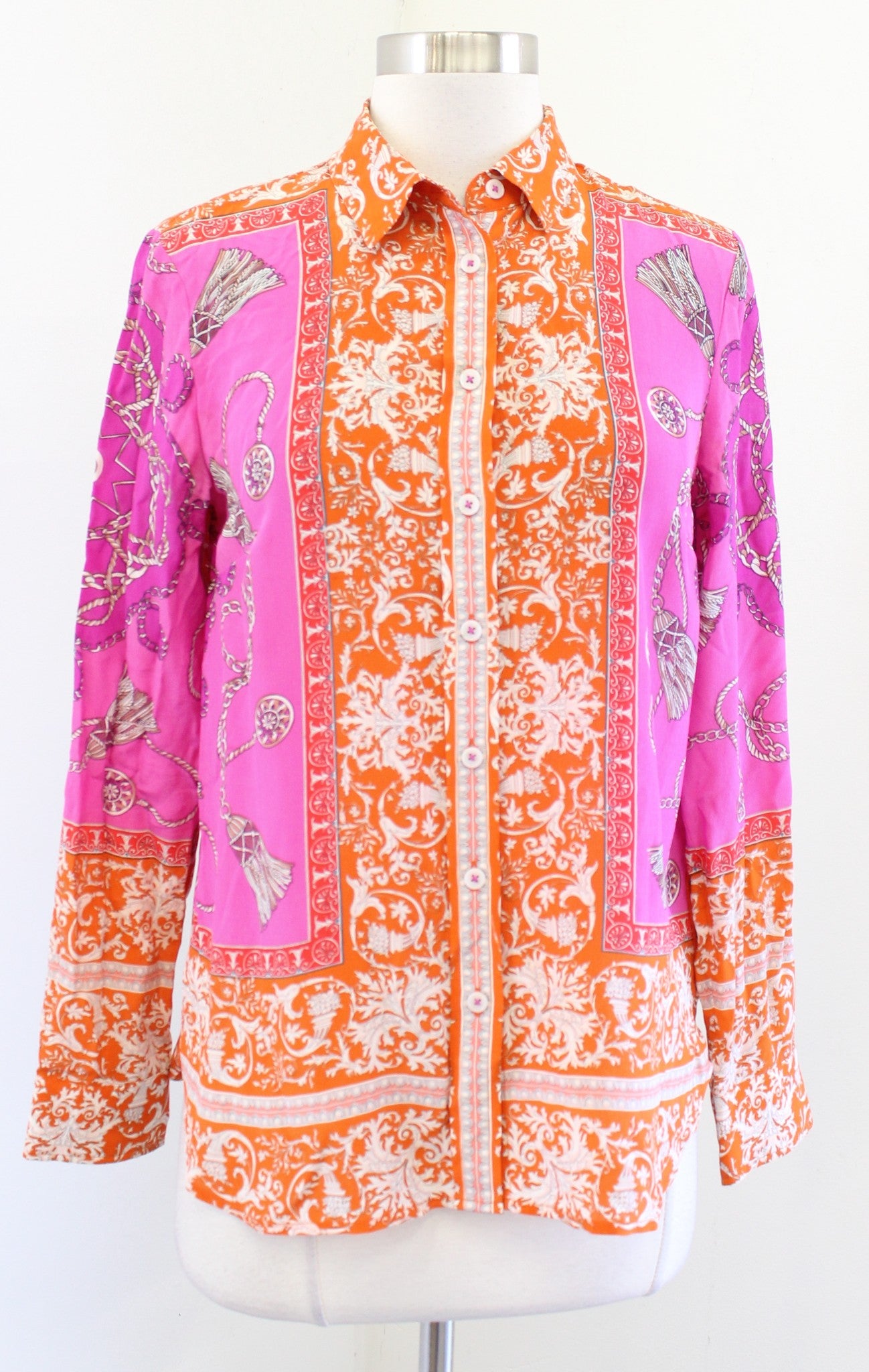 Maeve Anthropologie Potala Silk Scarf Print Button Front Shirt Blouse Sz 2 Pink