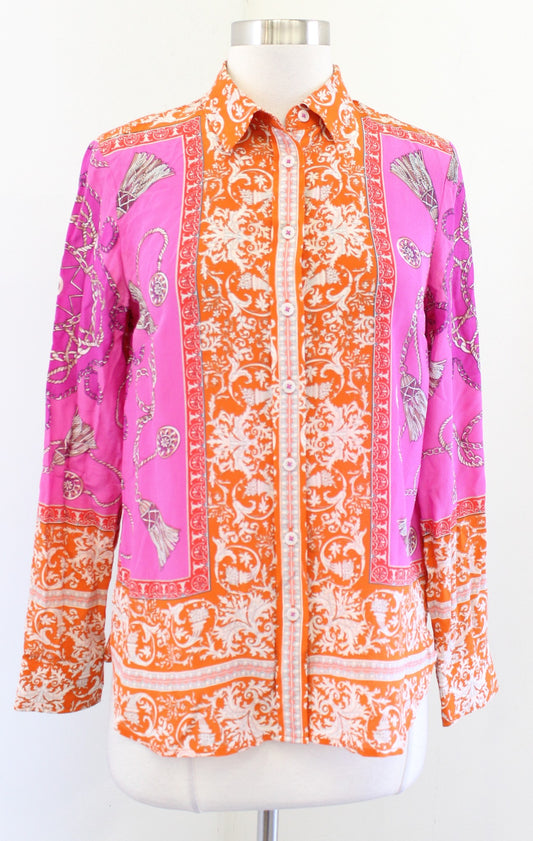 Maeve Anthropologie Potala Silk Scarf Print Button Front Shirt Blouse Sz 2 Pink