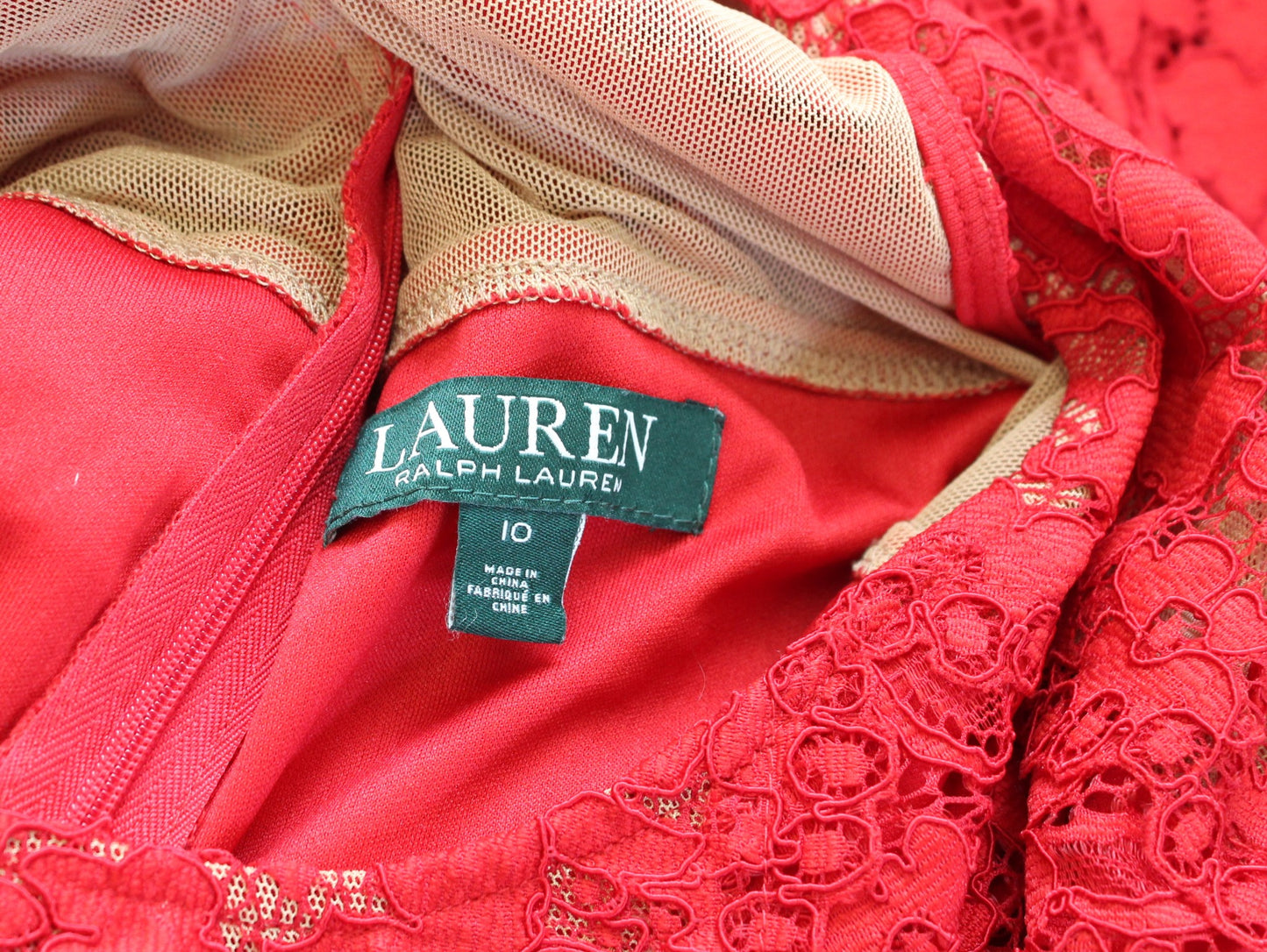 Lauren Ralph Lauren Red Lace Sleeveless Mesh Illusion Scalloped Dress Size 10