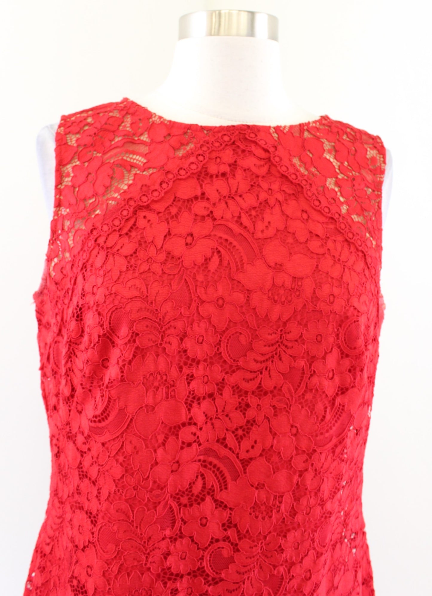 Lauren Ralph Lauren Red Lace Sleeveless Mesh Illusion Scalloped Dress Size 10