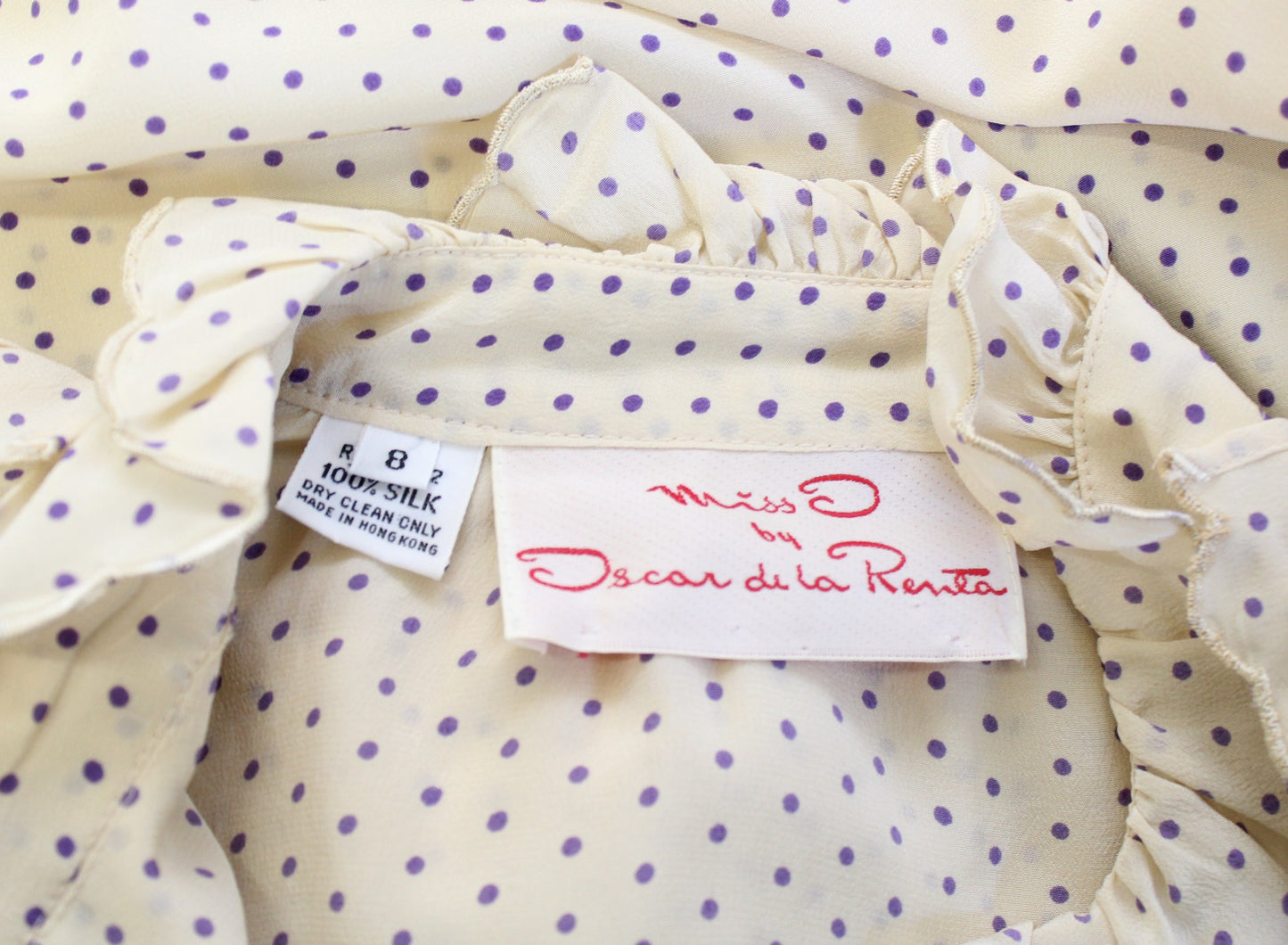 Vtg 80s Miss O Oscar de La Renta Beige Purple Polka Dot Ruffle Eyelet Blouse 8
