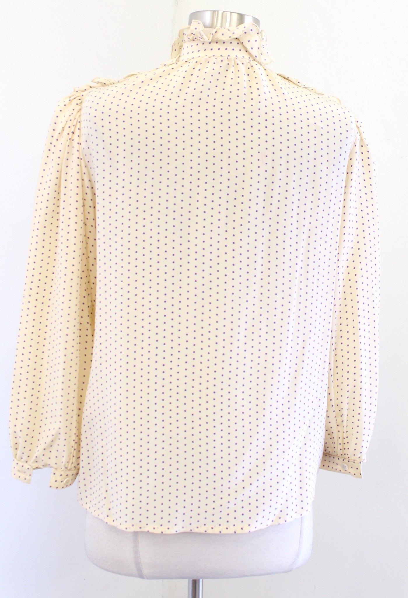 Vtg 80s Miss O Oscar de La Renta Beige Purple Polka Dot Ruffle Eyelet Blouse 8
