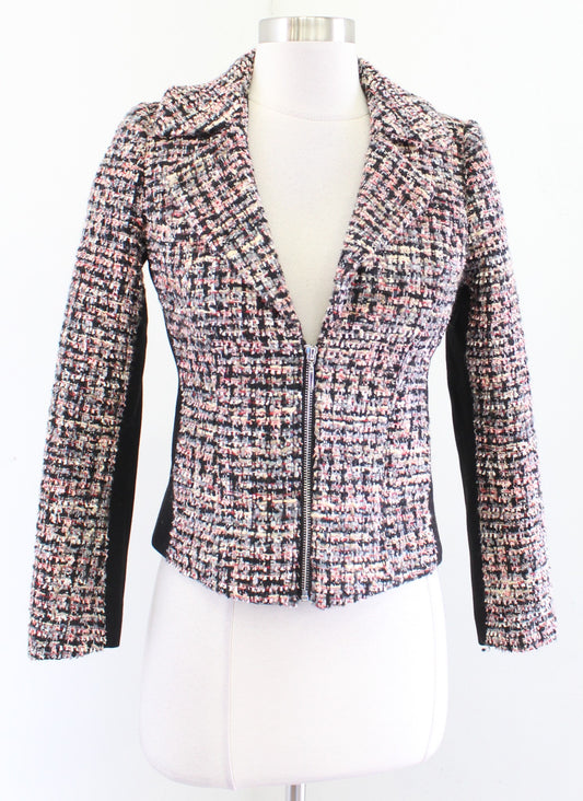 White House Black Market Tweed Ponte Contrast Zip Front Blazer Jacket Size 0P