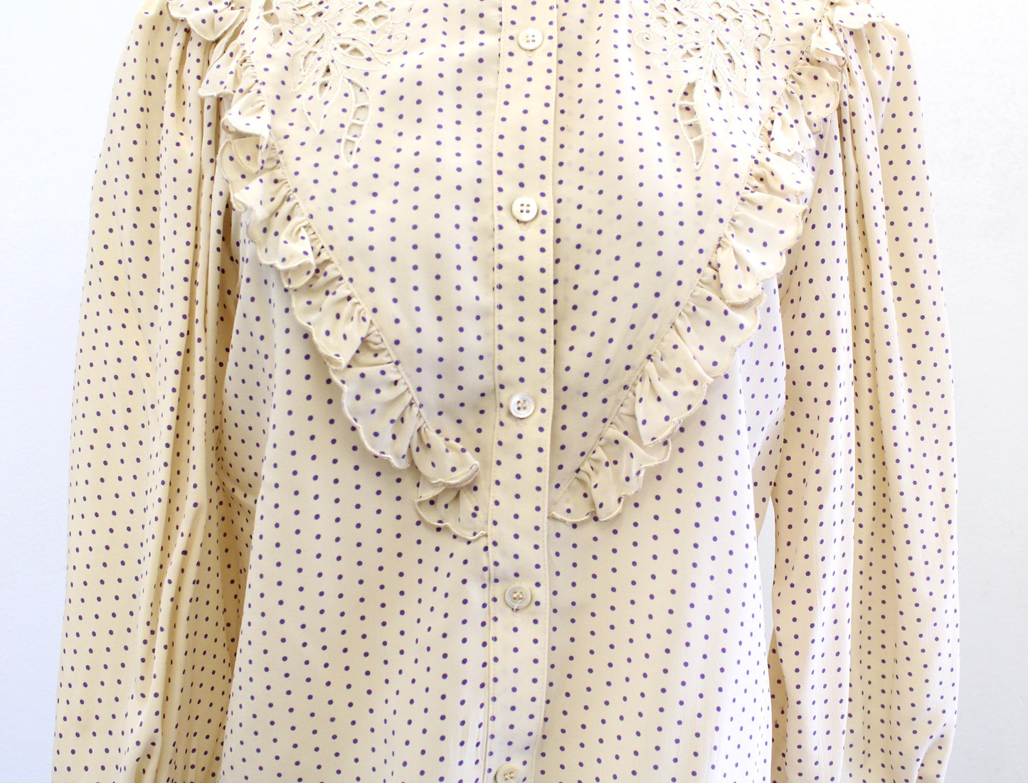 Vtg 80s Miss O Oscar de La Renta Beige Purple Polka Dot Ruffle Eyelet Blouse 8