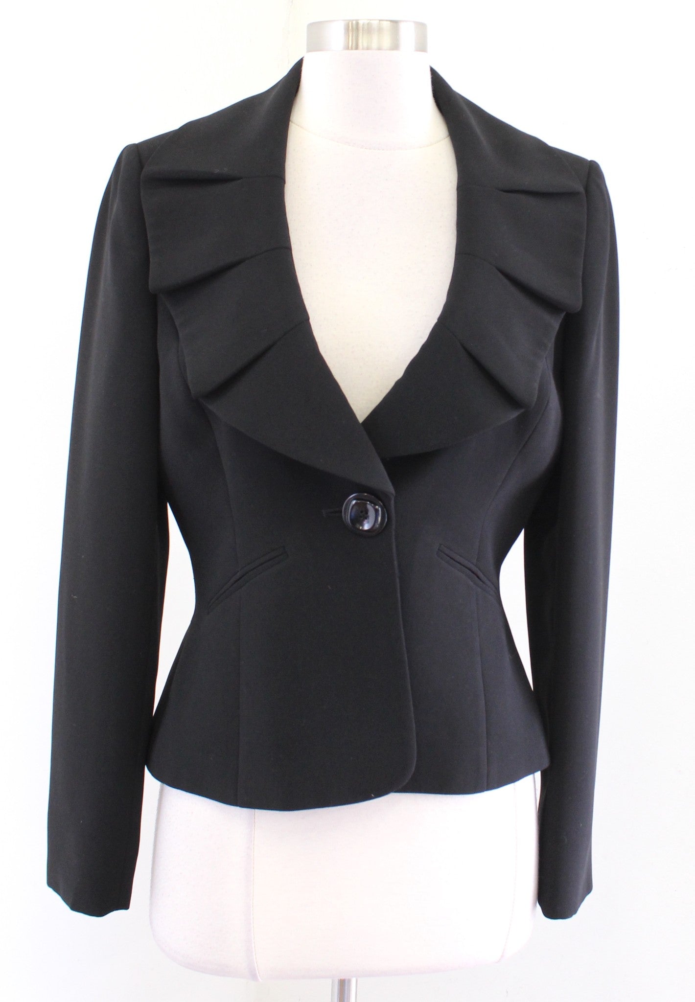 Tahari ASL Levine Solid Black Oversized Ruffle Lapel Blazer Jacket Size 4