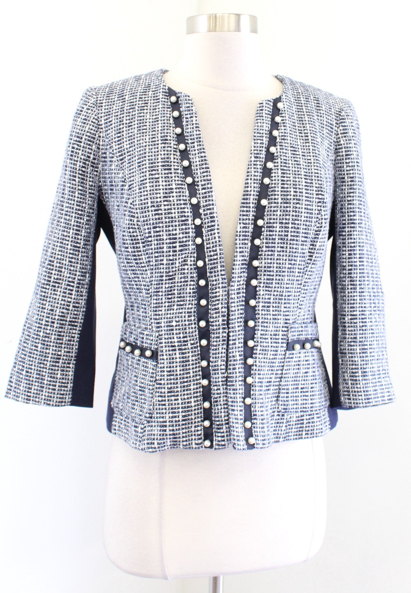 White House Black Market Navy Blue Tweed Pearl Embellished Blazer Jacket Size 0