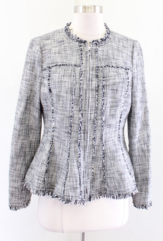 Rebecca Taylor Gray Tweed Fringe Zip Front Flared Peplum Blazer Jacket Size 6