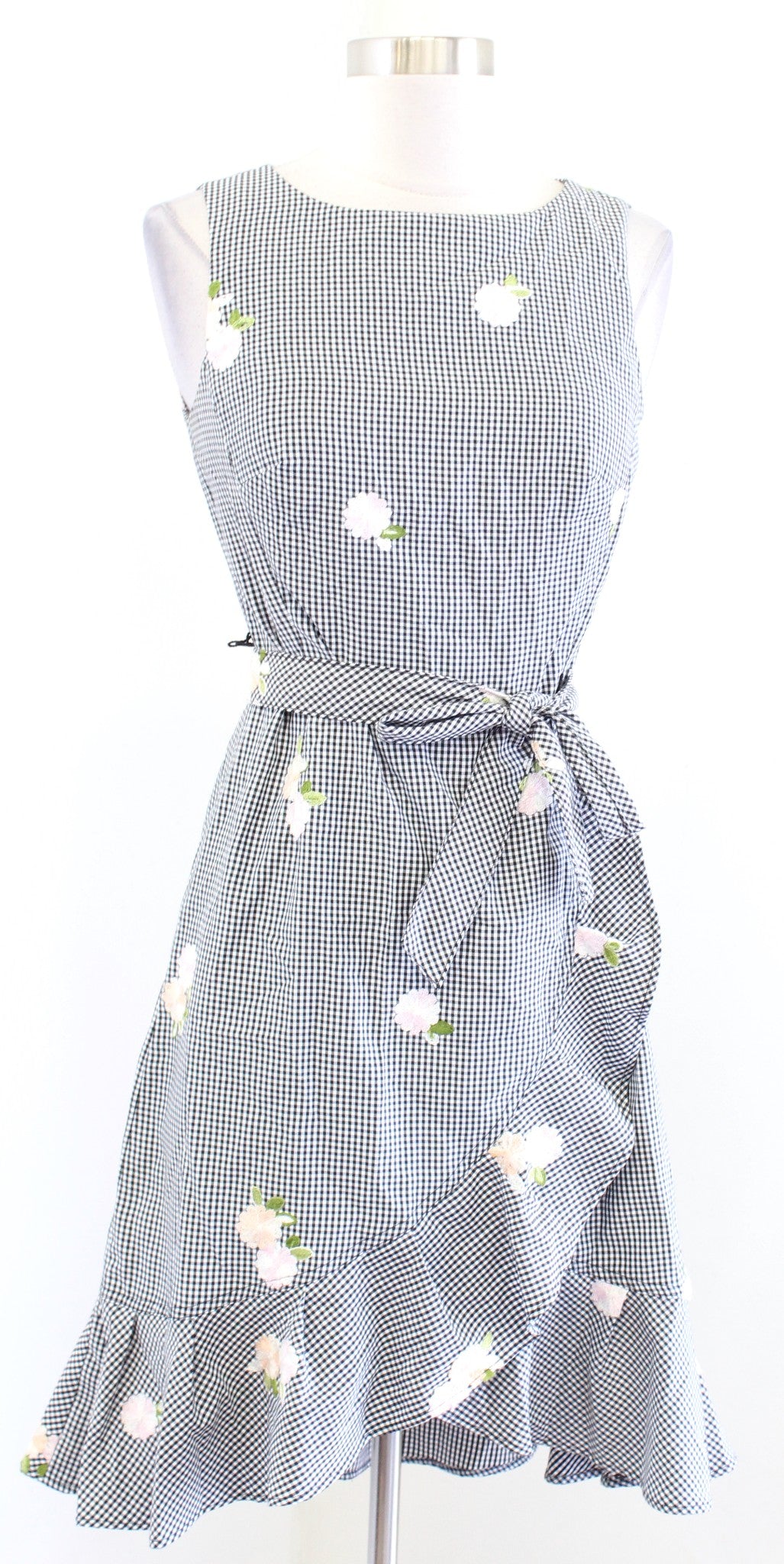 Calvin Klein Gingham Plaid Floral Embroidered Ruffle Hem Sheath Dress Size 2
