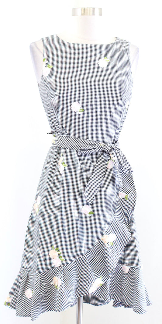 Calvin Klein Gingham Plaid Floral Embroidered Ruffle Hem Sheath Dress Size 2