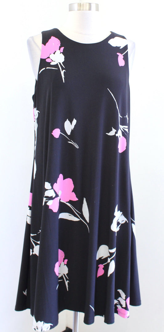 Lauren Ralph Lauren Black Pink Floral Sleeveless Trapeze Shift Dress Size 14