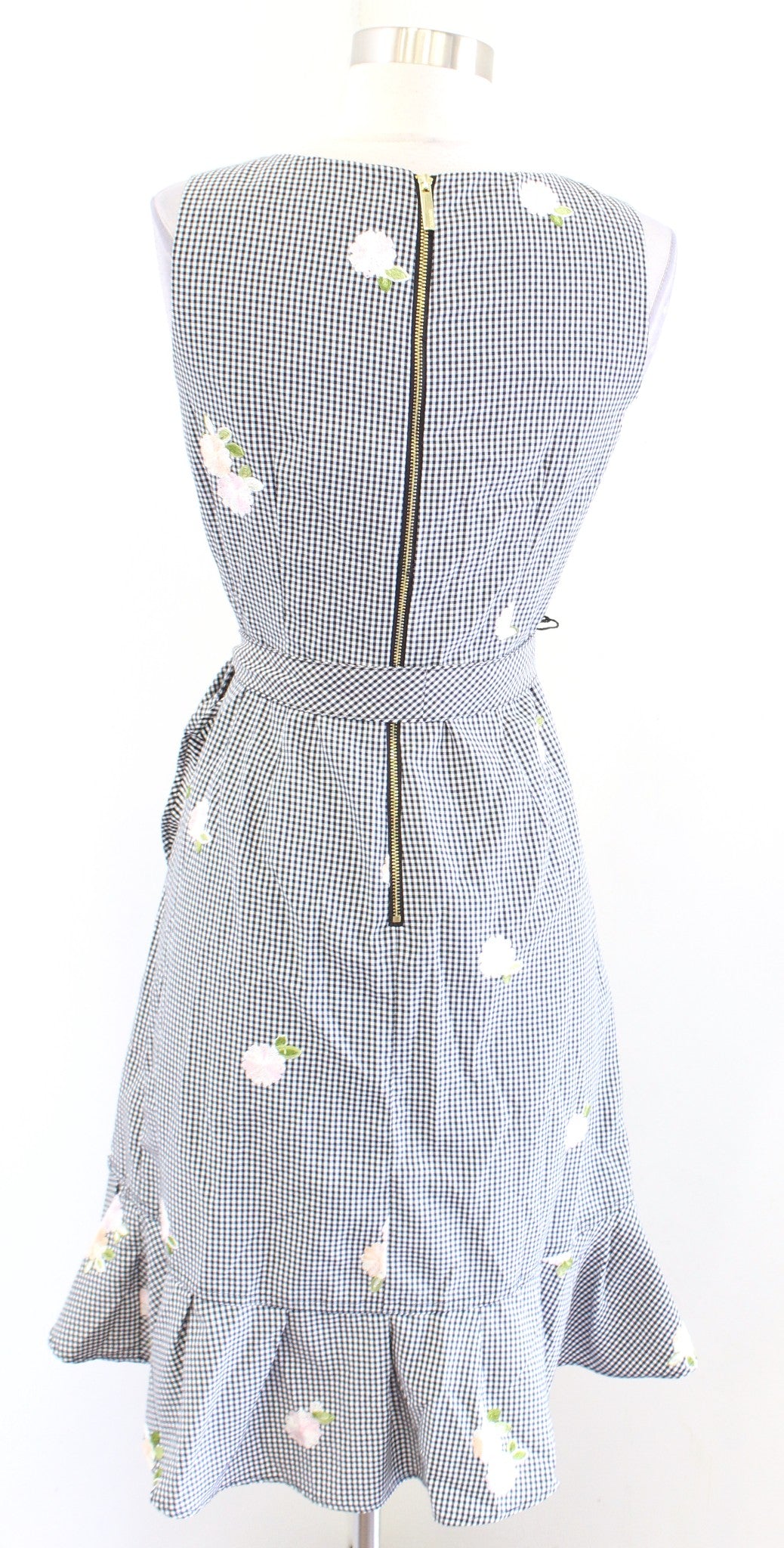 Calvin Klein Gingham Plaid Floral Embroidered Ruffle Hem Sheath Dress Size 2