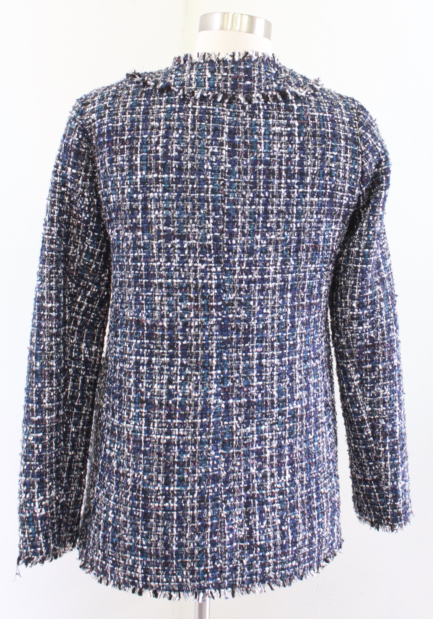 Ann Taylor Navy Blue Multi Color Shimmer Tweed Fringe Longline Blazer Jacket 00