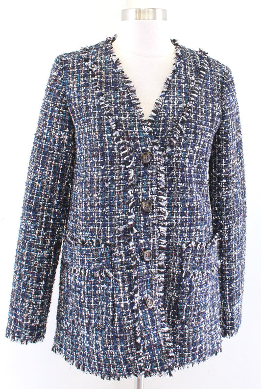Ann Taylor Navy Blue Multi Color Shimmer Tweed Fringe Longline Blazer Jacket 00