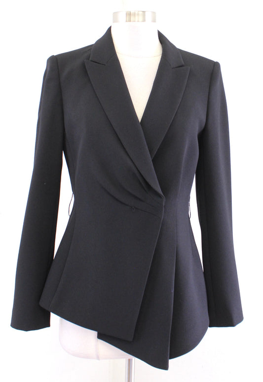 Tahari ASL Levine Solid Black Asymmetrical Hem Faux Wrap Blazer Jacket Size 2