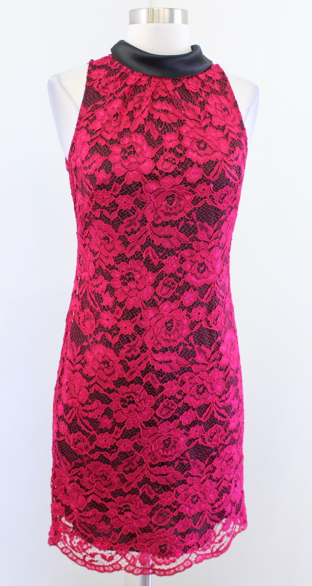 White House Black Market Raspberry Red Lace Bow Tie Collared Dress Cocktail Sz 0