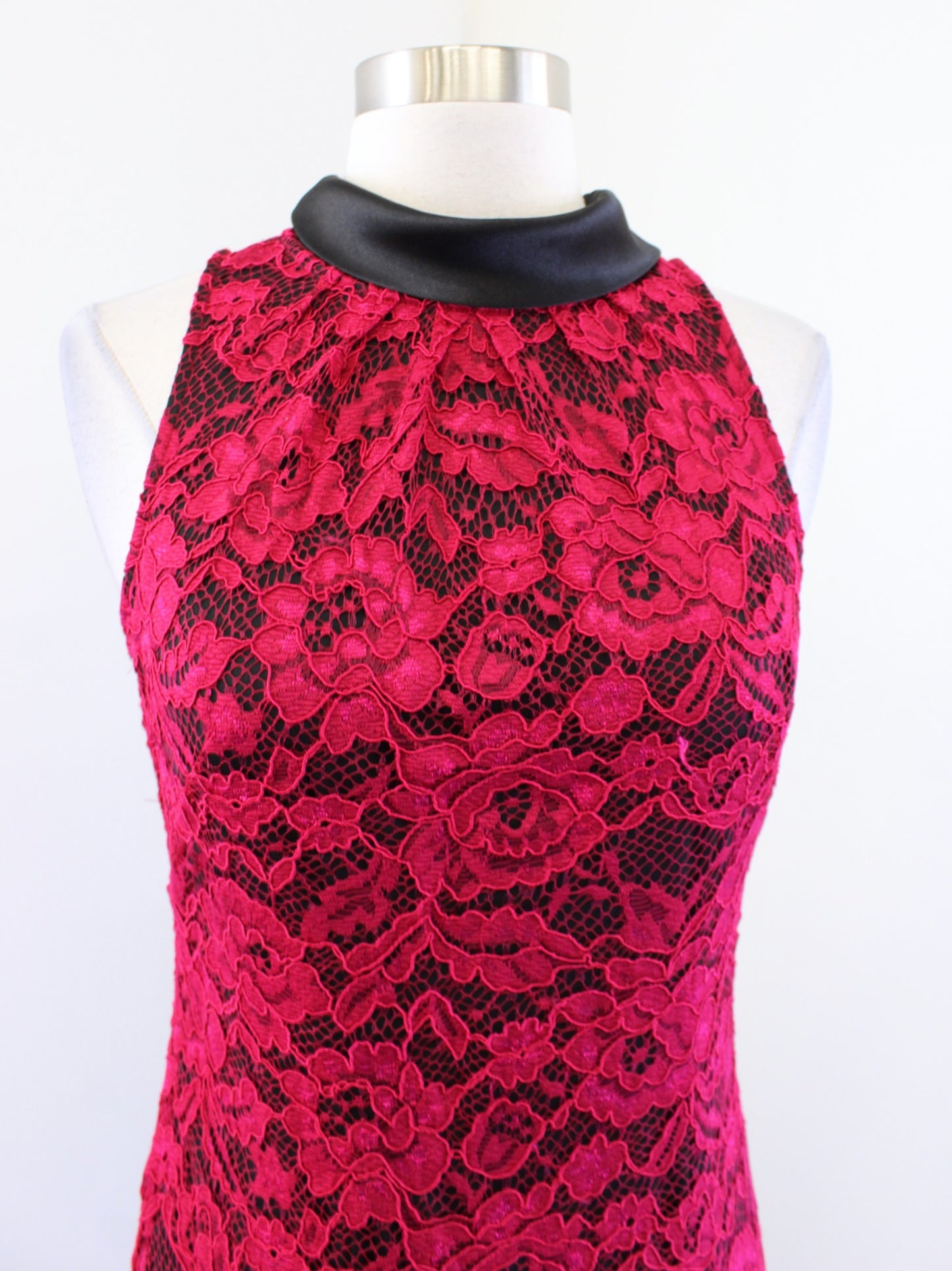 White House Black Market Raspberry Red Lace Bow Tie Collared Dress Cocktail Sz 0