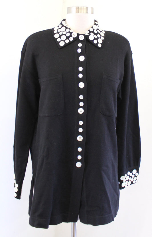 Vtg Escada Black Pearlescent Button Embellished Wool Cardigan Sweater Size 34