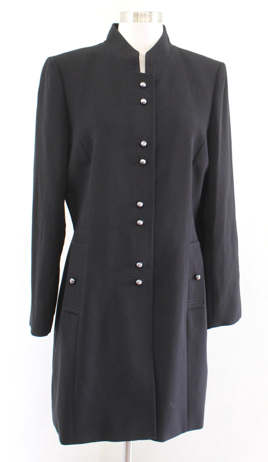 Tahari ASL Levine Black Longline Jacket Car Coat Size 10 Madarin Collar Career