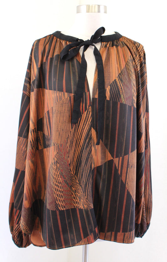 Zara Brown Black Abstract Print Oversized Balloon Sleeve Top Blouse Tie Neck S