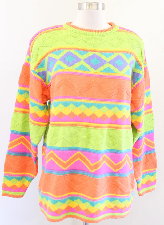 Vtg 90s Colorful Pastel Rainbow Geometric Striped Pullover Sweater Size S Retro