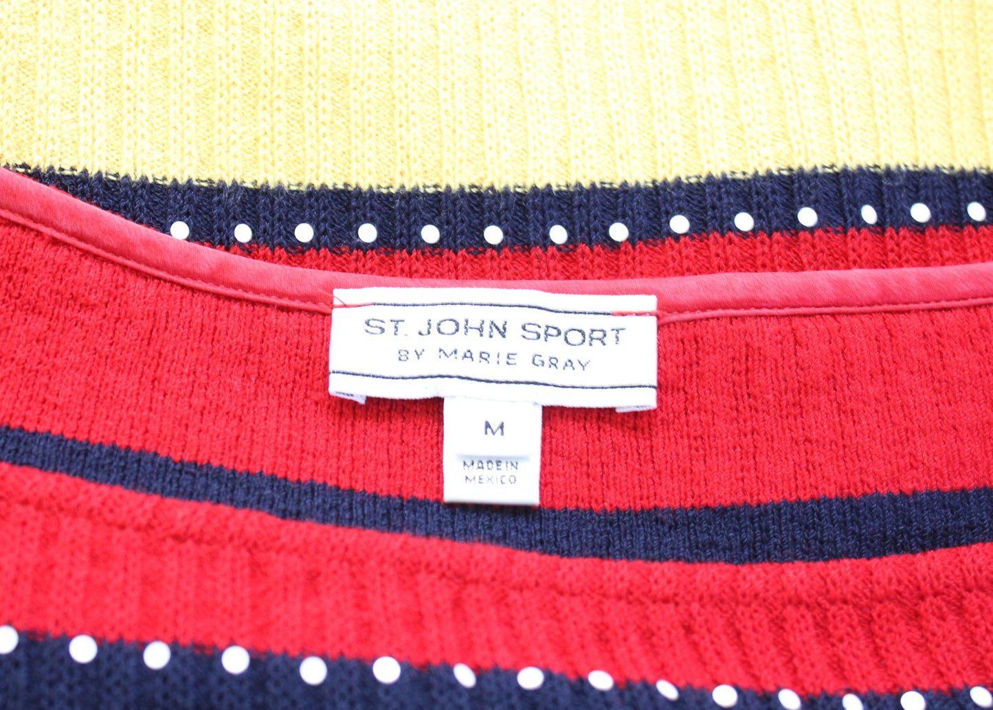 Vtg St John Sport Red Yellow Navy Striped Dot Knit Cropped Sweater Top Size M