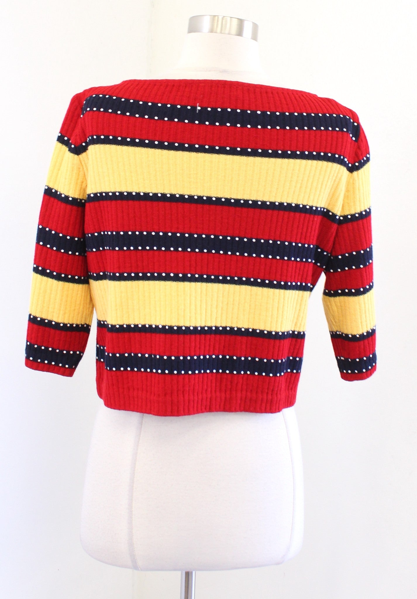 Vtg St John Sport Red Yellow Navy Striped Dot Knit Cropped Sweater Top Size M