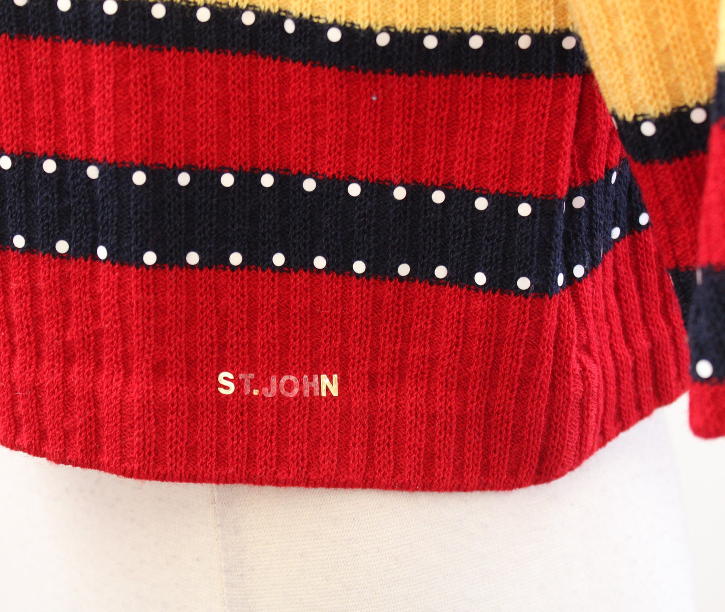 Vtg St John Sport Red Yellow Navy Striped Dot Knit Cropped Sweater Top Size M