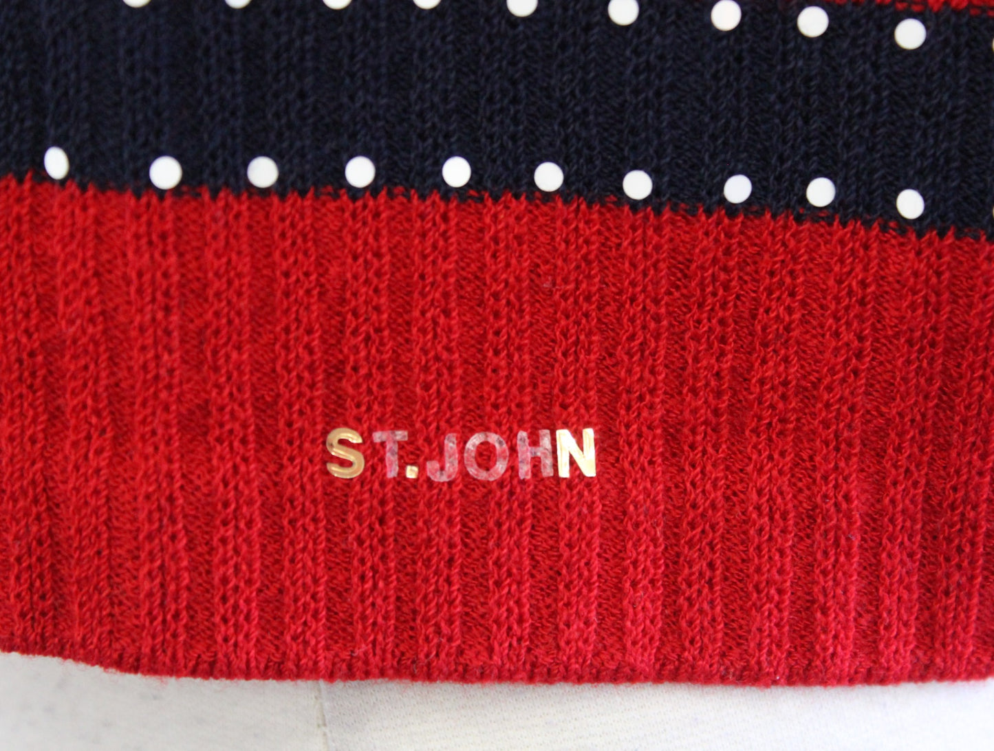 Vtg St John Sport Red Yellow Navy Striped Dot Knit Cropped Sweater Top Size M